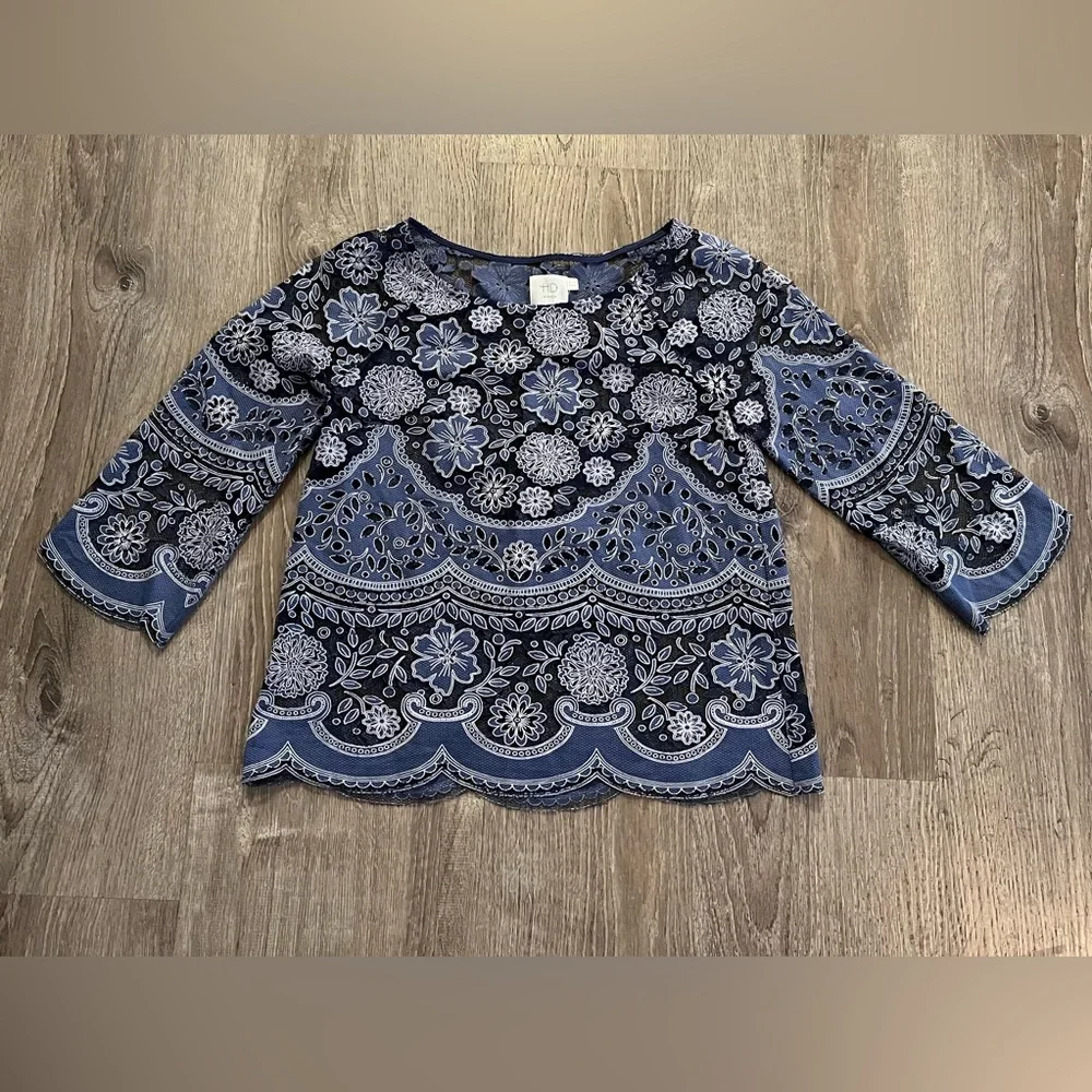 Anthropologie HD In Paris Montmartre Blue Lace Overlay Blouse Top